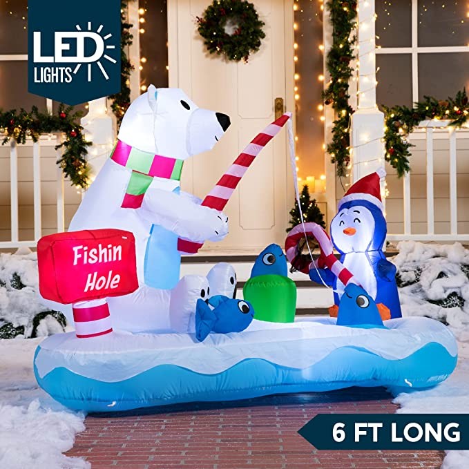 Joiedomi 6 FT Long Christmas Inflatable Polar Bear Decoration, Blow Up Yard Decoration Fishing Hole Sign with Build-in LEDs for Christmas Party Garden Decorations
